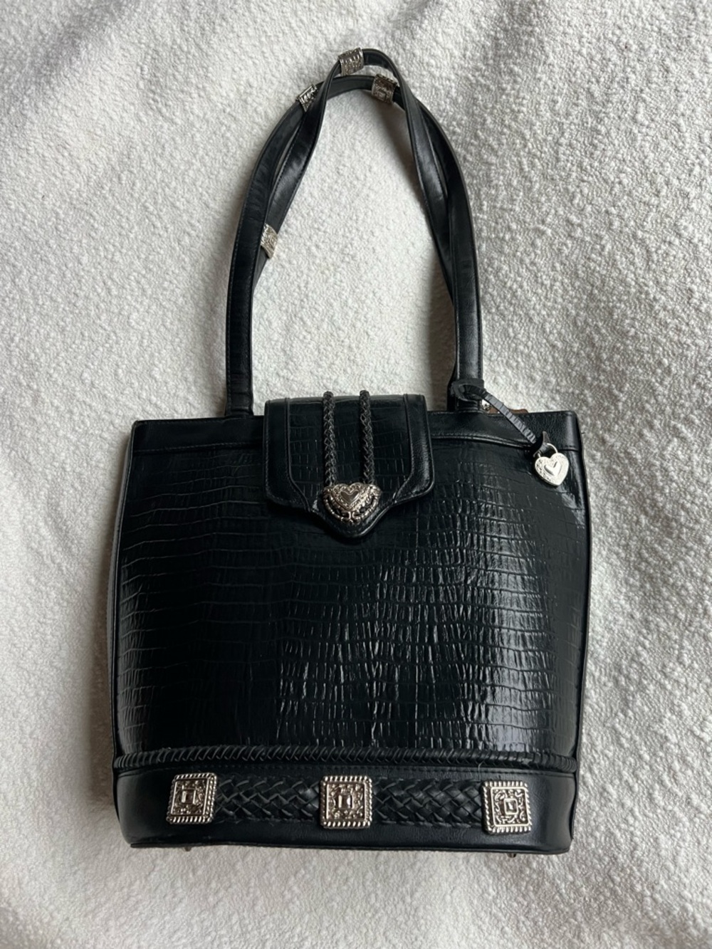 Brighton Vintage Black Croco-Embossed Leather Shoulder Bag